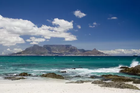 View of table mountain from a beach shore in South Africa