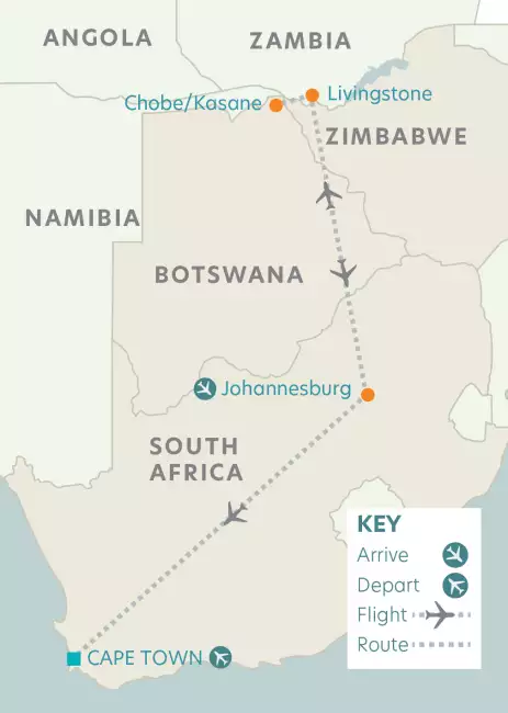 Airline map of arrivals and departures in South Africa